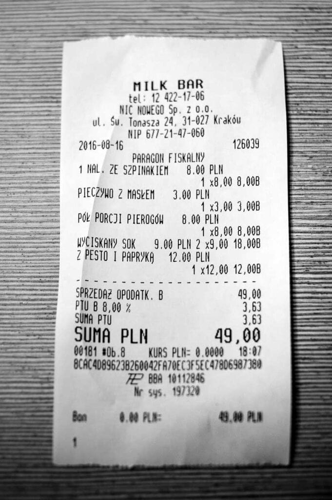 Receipt from Milk Bar in Krakow - Cheap Eats 