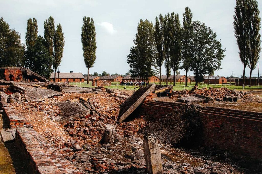 The ruins of a gas chamber and crematoria at Birkenau (Auschwitz II) 