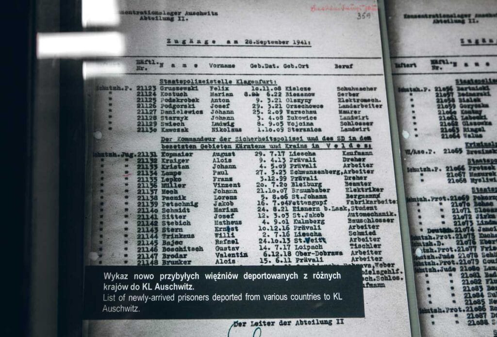 List of newly deported prisoners at Auschwitz memorial in Poland 